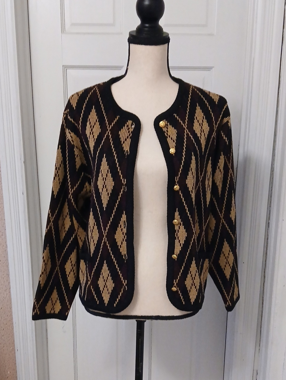 Liz Baker Burgundy, Black & Tan Argyle Knit Blazer